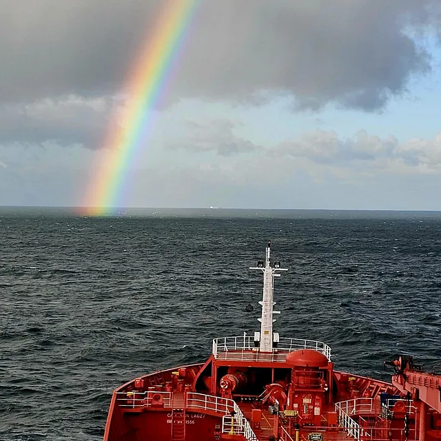 MT Stav Viking tanker deck with rainbow at sea